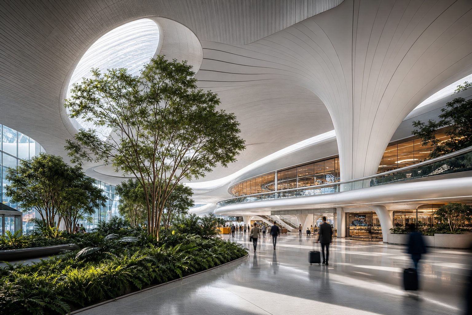 A vast modern airport terminal with curved ceilings and indoor trees