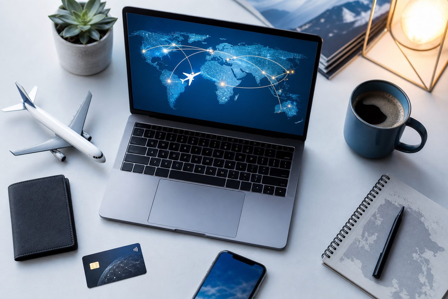 Laptop showing global flight routes