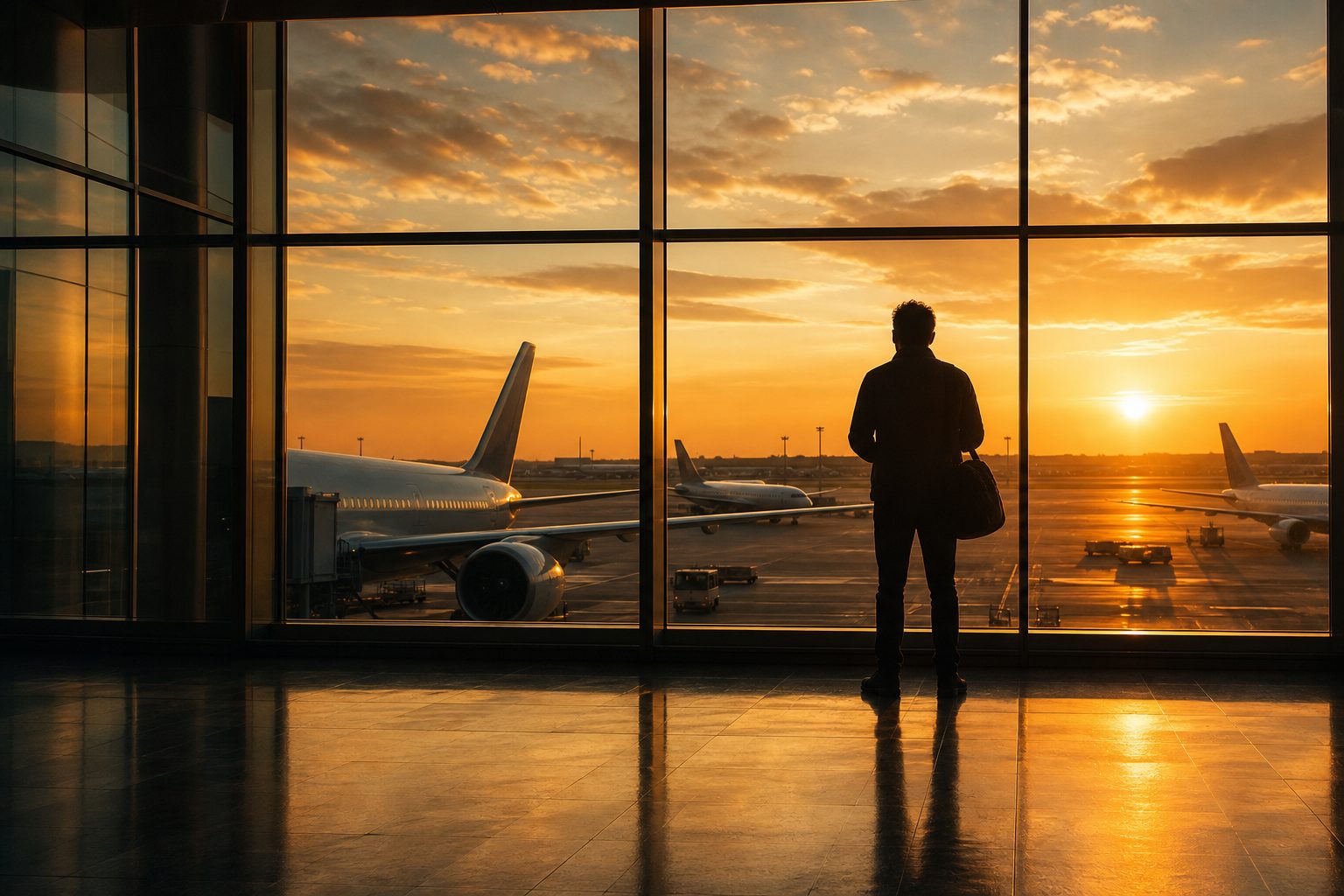 A traveler at a floor-to-ceiling airport window at golden hour