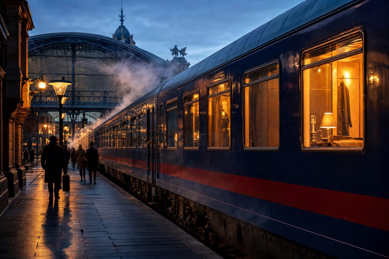Night train at a European station