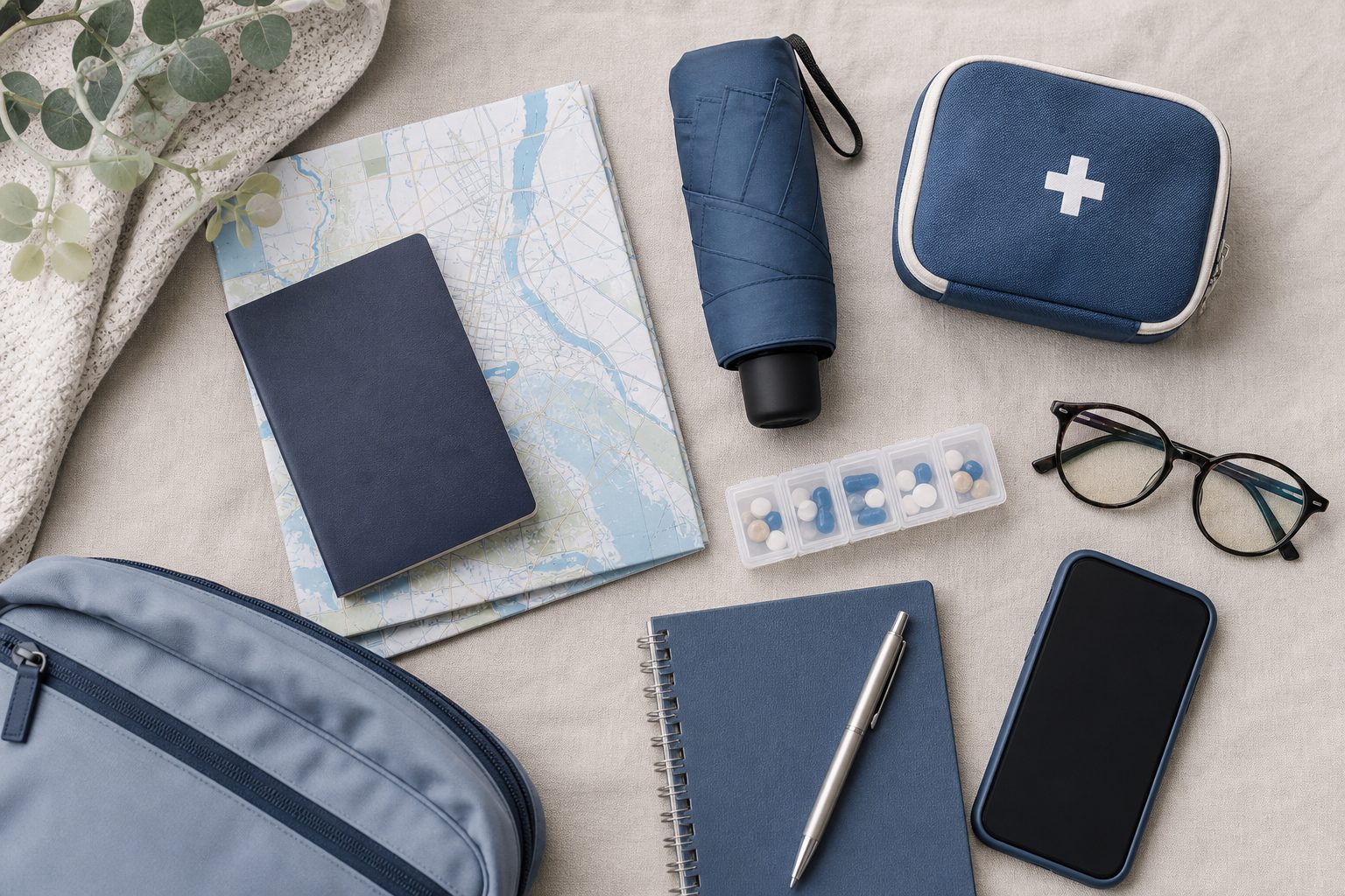 Travel essentials laid out: passport, map, umbrella, first-aid pouch