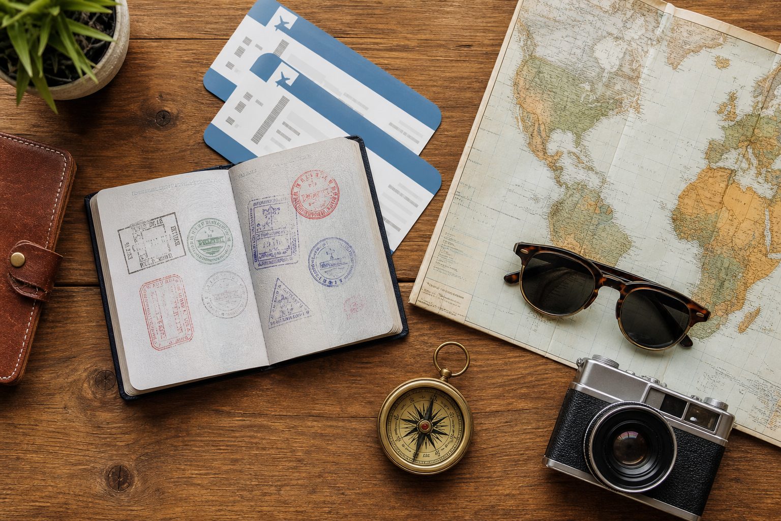 An open passport with stamps, boarding passes, a map and a compass